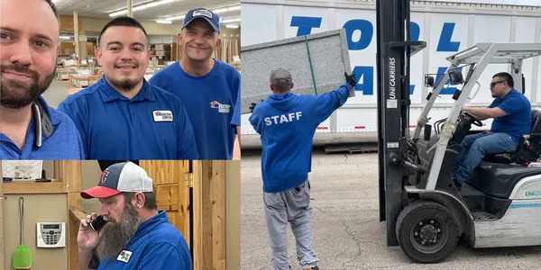 The Factory Surplus team — staff at the counter, on the warehouse floor, and on the forklift across our 3 Kansas City locations