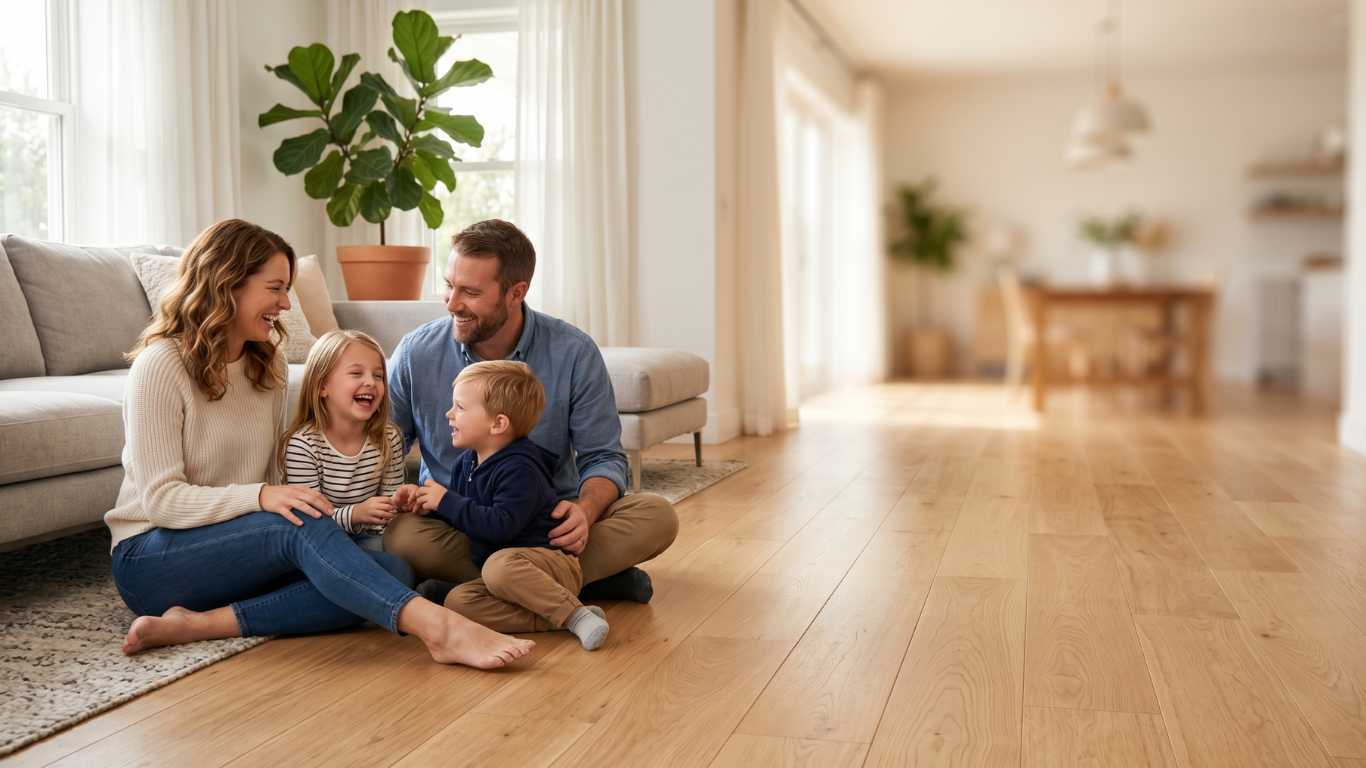 Happy family relaxing on beautiful hardwood flooring in a sunlit Kansas City home